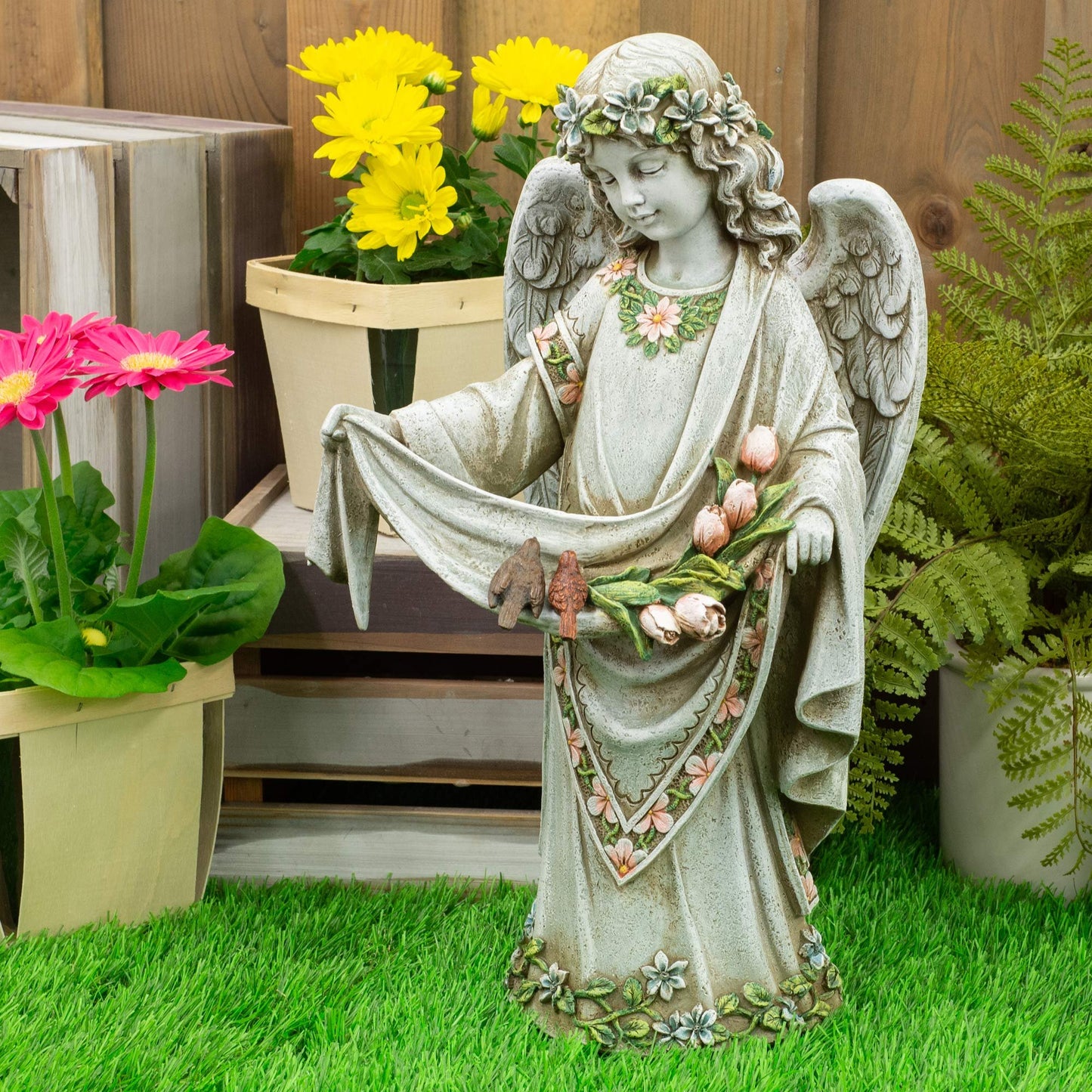 Roman Josephs Studio Inspirational Girl Angel Wearing Floral Trimmed Gown with Birds Garden Statue, 16.5-Inch