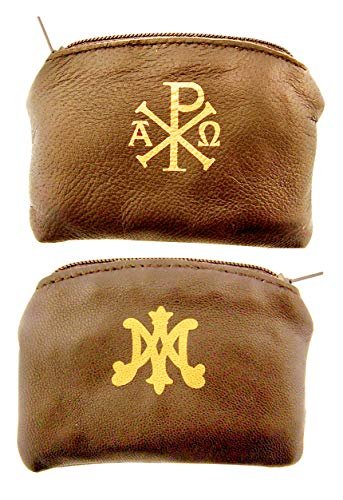 WJ Hirten Ava Maria and Chi Rho Cross Sheepskin Leather Rosary Case with Velvet Lining, Brown, 3 1/4 Inch