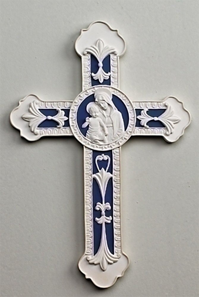 Della Robbia Madonna and Child White Blue 9 inch Decorative Wall Cross