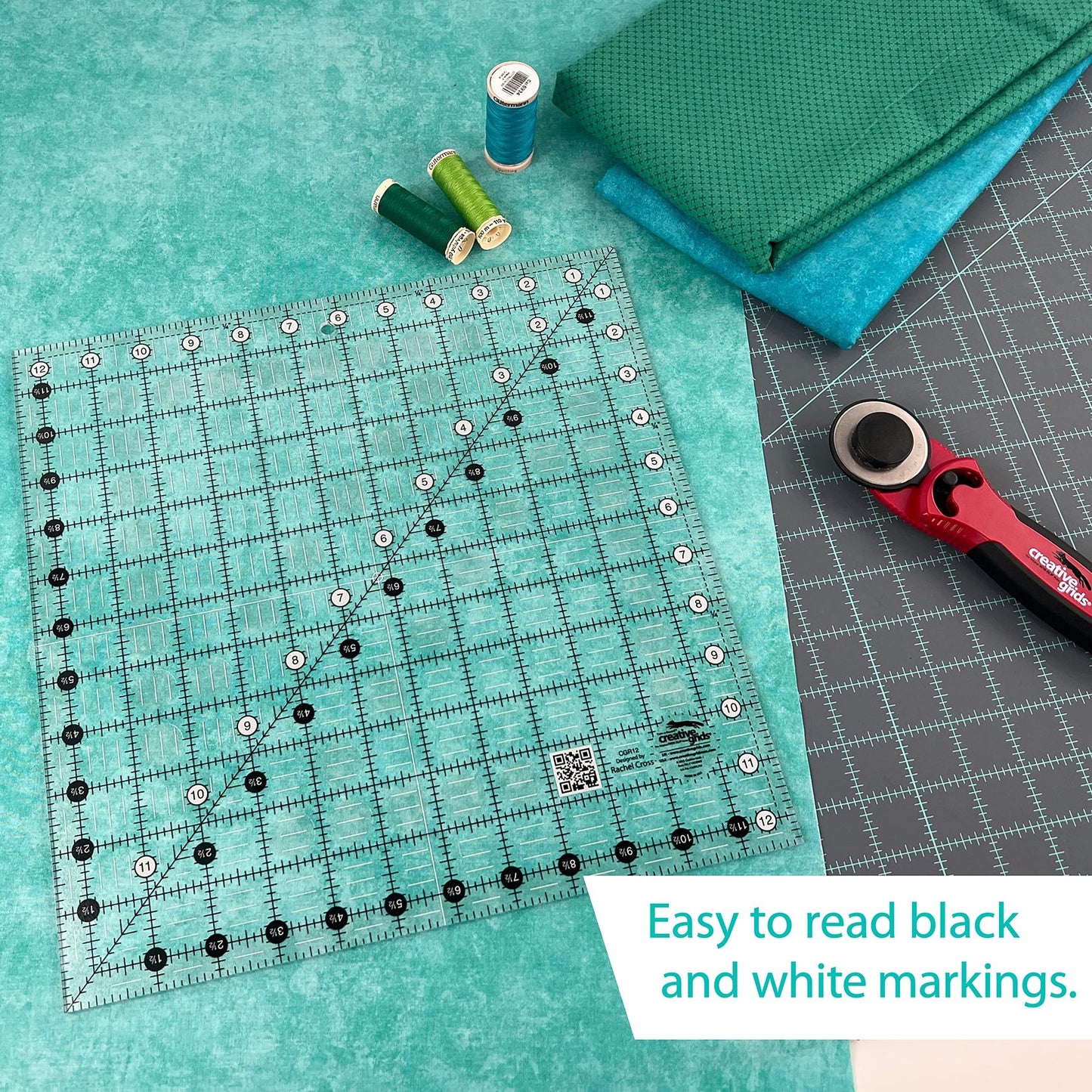 Creative Grids Quilt Ruler 12in x 12in Square – CGR12 – Made in USA, Non-Slip Grip Acrylic Quilting, Sewing, Crafting, Patchwork Ruler for Measuring & Cutting Fabric