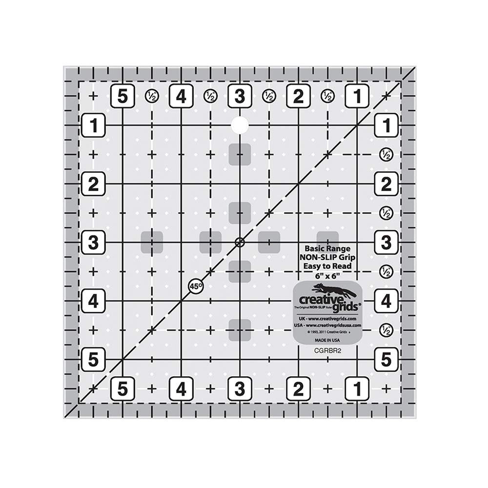 Creative Grids Basic Range 6in x 6in Square Quilt Ruler – CGRBR2 – Made in USA, Non-Slip Grip Acrylic Quilting, Sewing, Crafting, Patchwork Ruler for Measuring & Cutting Fabric