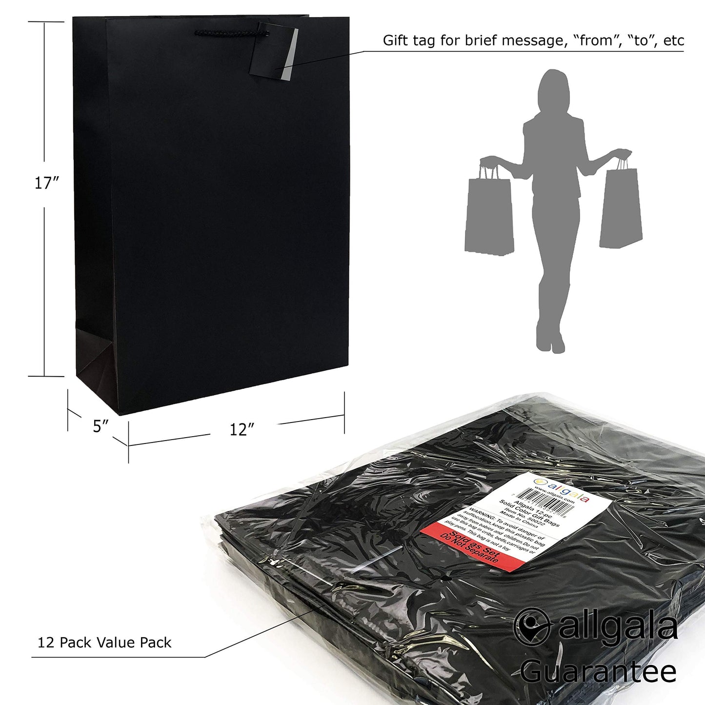 allgala 12PK Value Premium Solid Color Paper Gift Bags