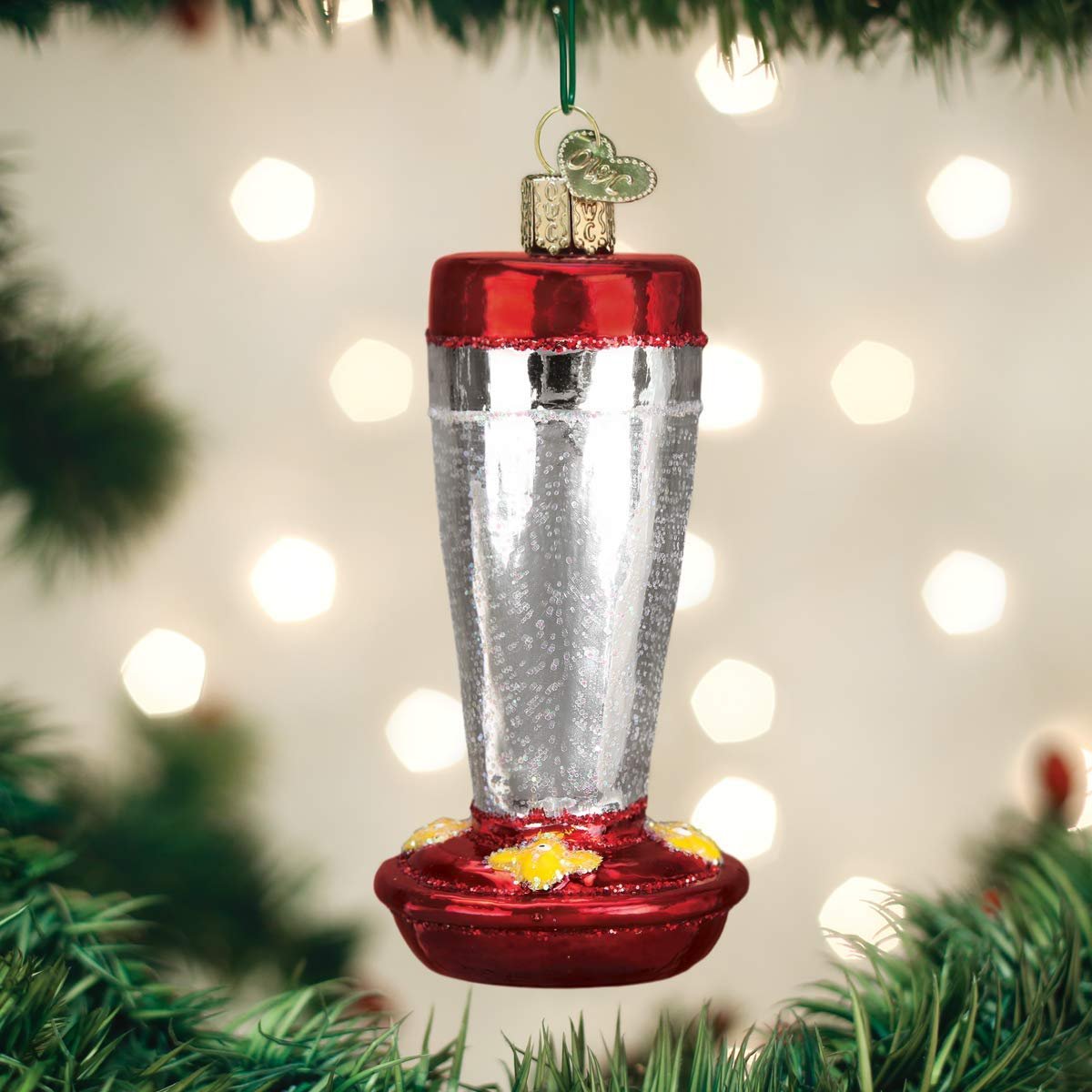 Old World Christmas Bird Watcher Collection Glass Blown Ornaments for Christmas Tree, Hummingbird Feeder