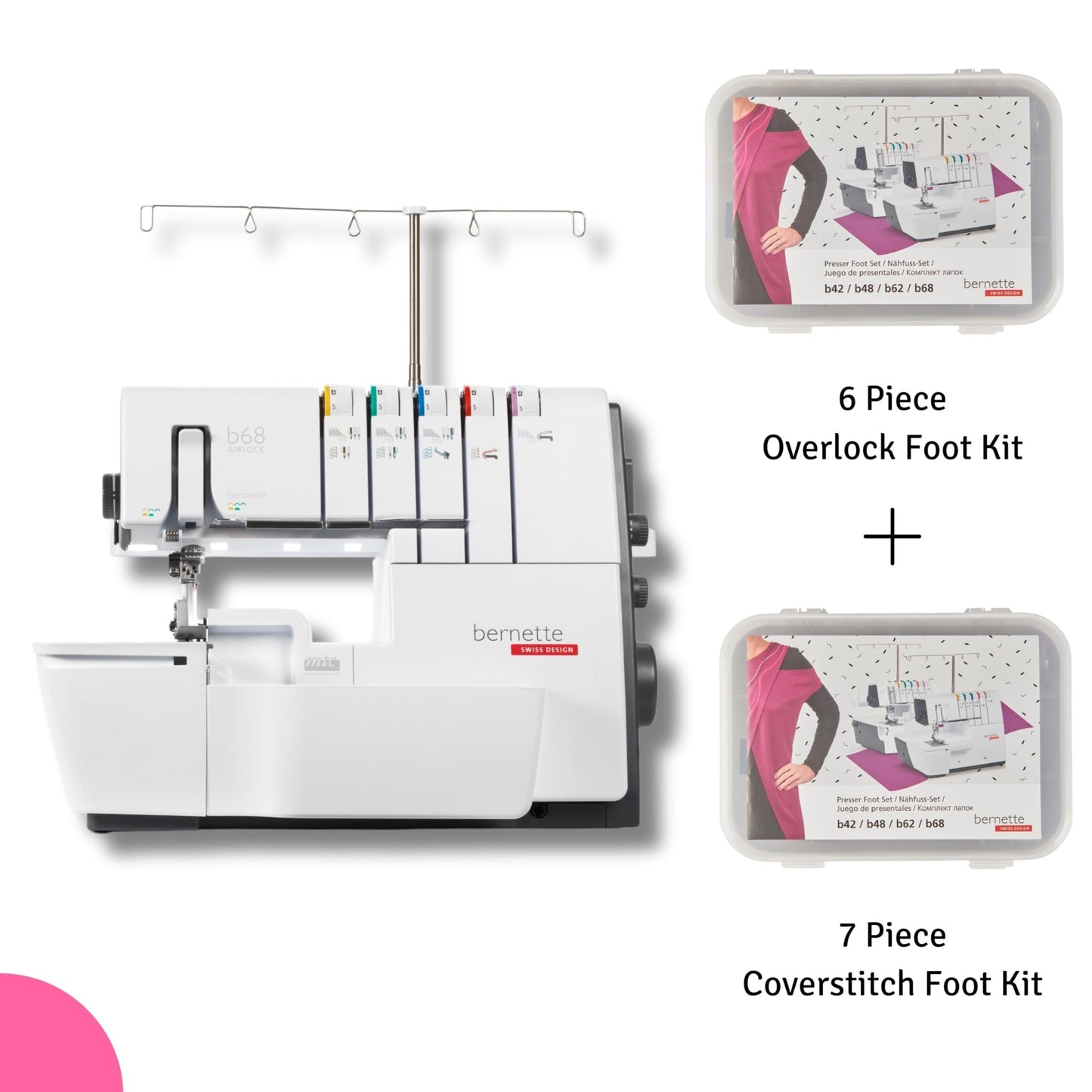 Bernette B68 Airlock Serger Sewing Machine | Adjustable Stitch Length, 1300SPM, LED Light, 5 Thread Options, Presser Foot Adjustment | Free 6 Pcs Overlock Foot Kit & 7 Pcs Coverstitch Foot Kit