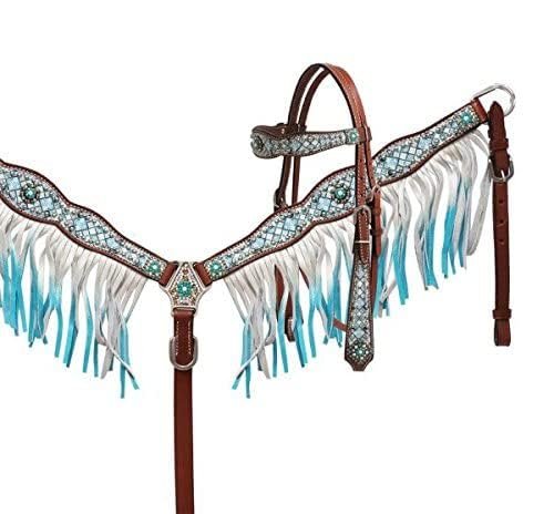 Showman Headstall & Breast Collar Set w/Blue Diamond Print & Blue Ombre Fringe