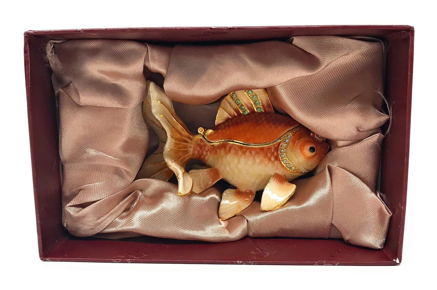 Kubla Crafts Enameled Fantail Koi Goldfish Trinket Box, Accented with Austrian Crystals, 3.5 Inches Long