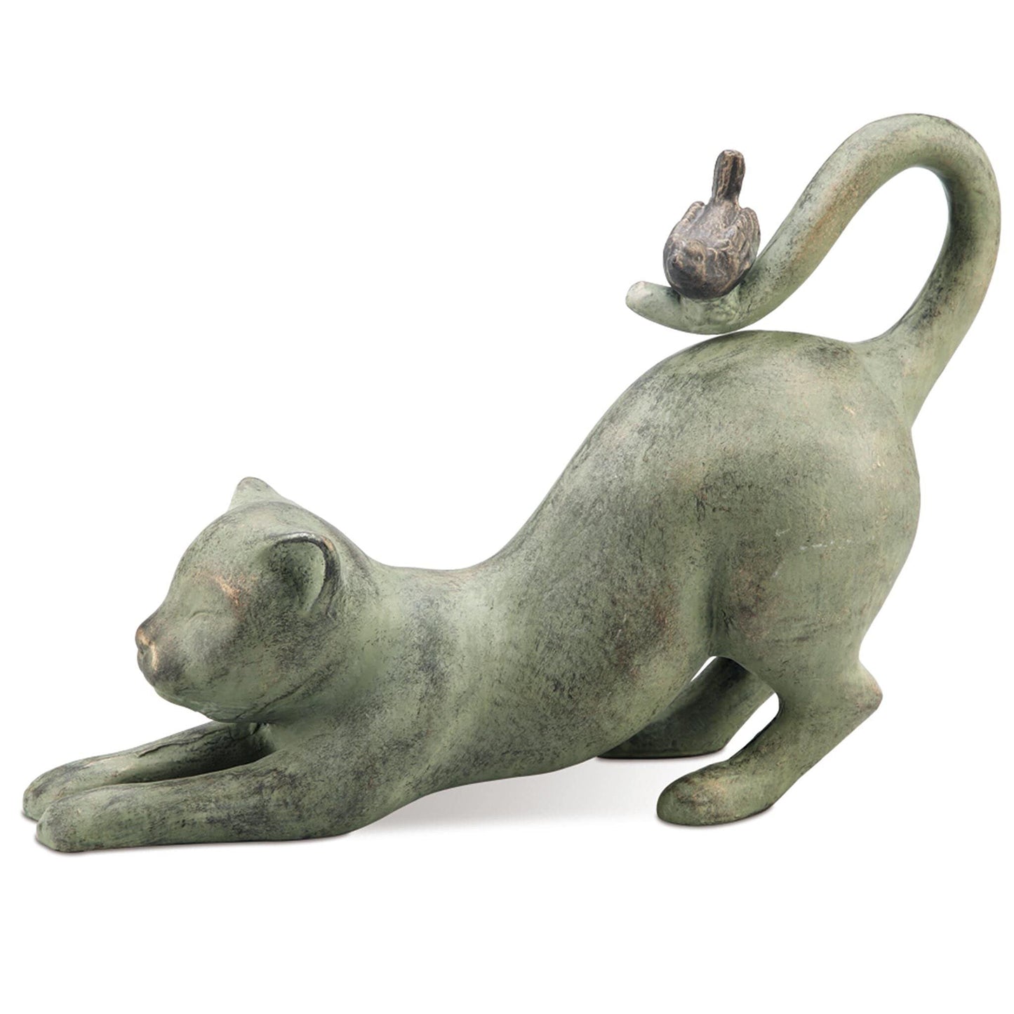 SPI Home Cast Aluminum Crouching Cat with Bird Statue 15 Inches Long