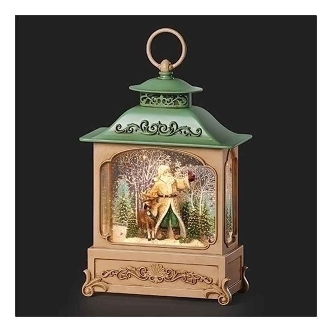 Roman Lighted Santa, Deer Green Roof Lantern Swirl Dome, 12-inch Height, Christmas Decoration
