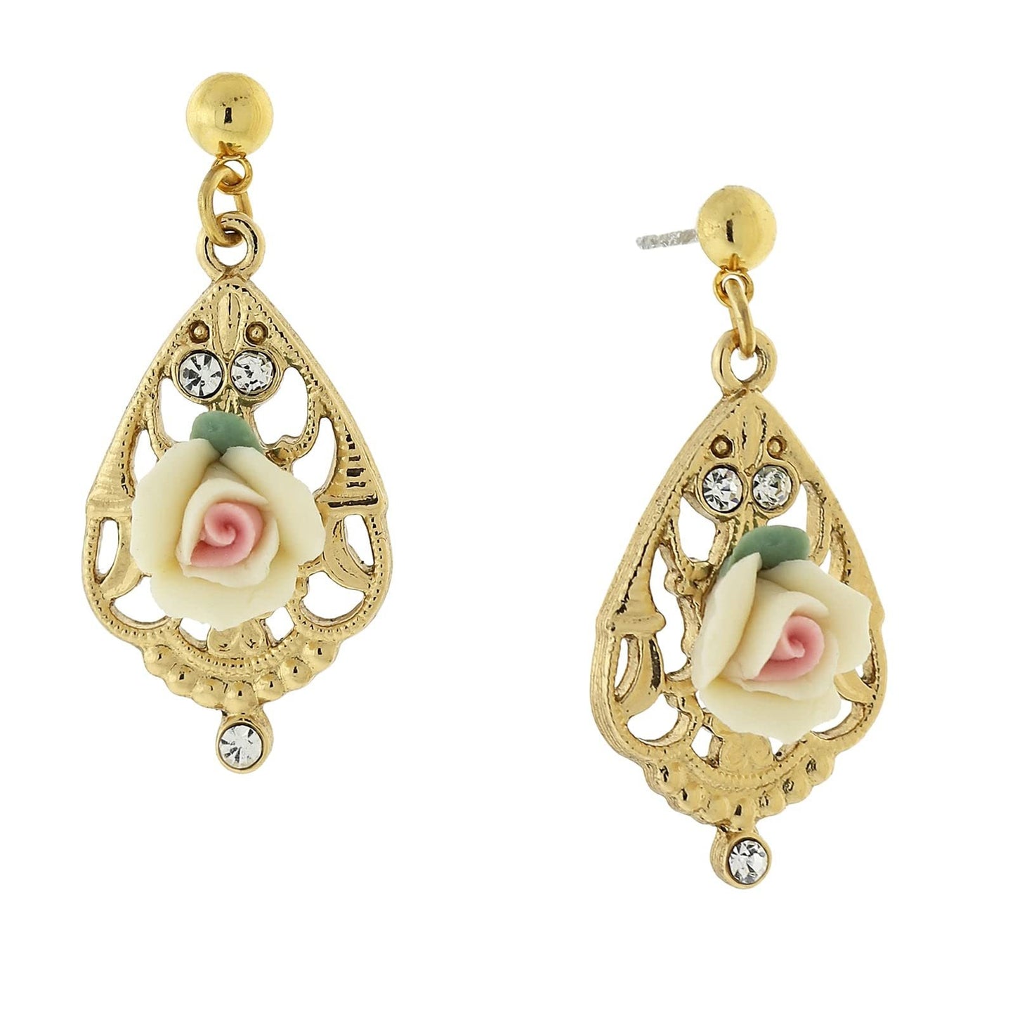 1928 Jewelry "Porcelain Rose" Teardrop Filigree Crystal Accent Rose Teardrop Earrings For Women, Hand Crafted Flowers, Timeless Floral Jewellery, Made In USA