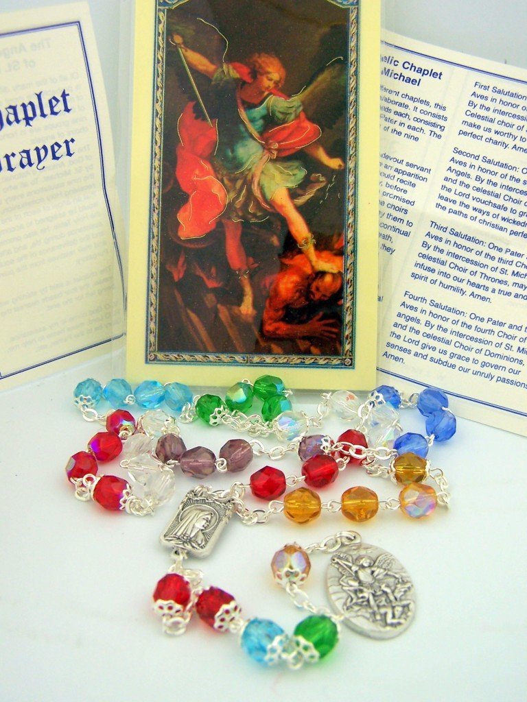WJH Catholic Rosary Multi Color Glass Saint Michael Rosary Chaplet Holy Card Set