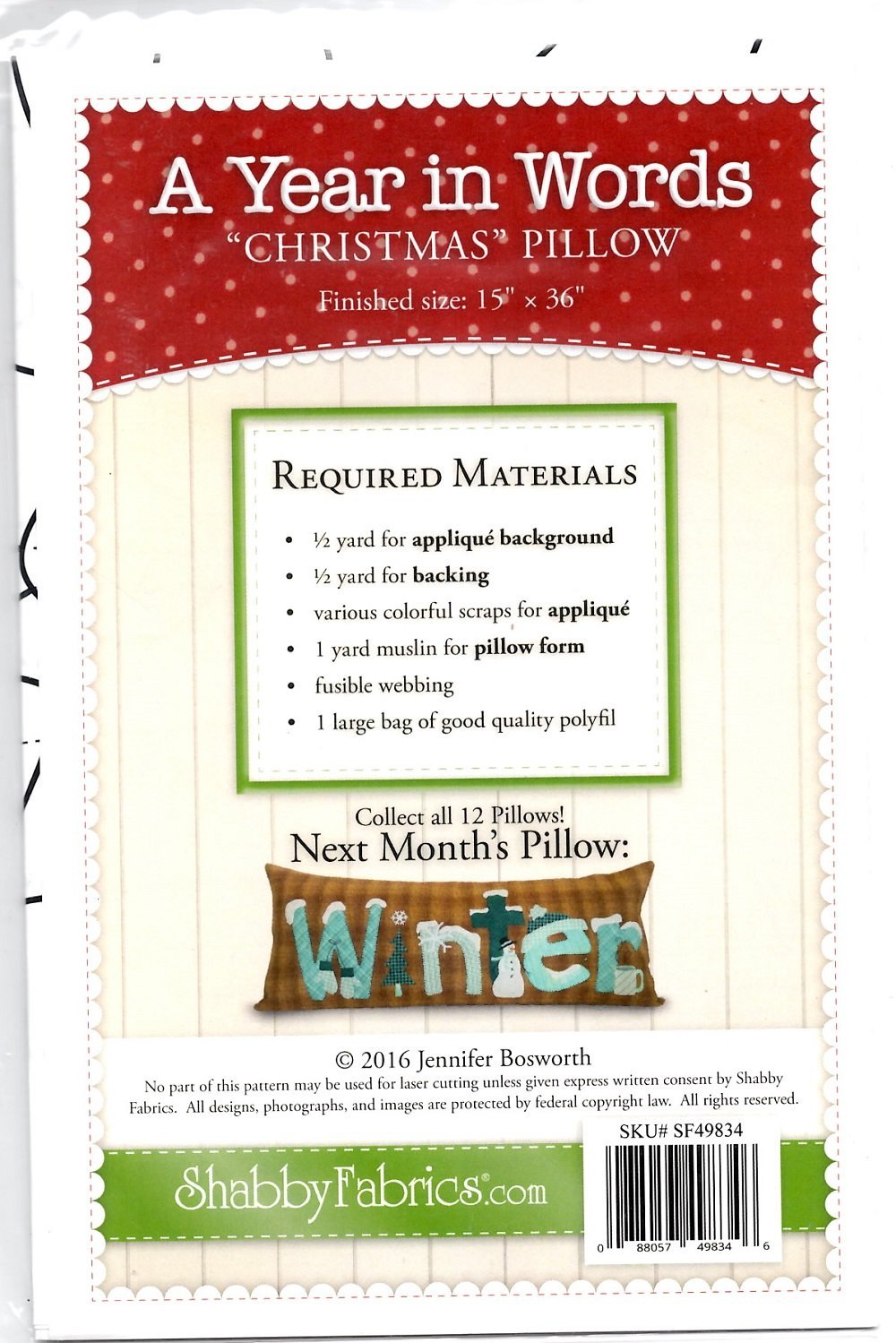 A Year in Words Christmas December Pillow Pattern by Shabby Fabrics 15" x 36" SF49834