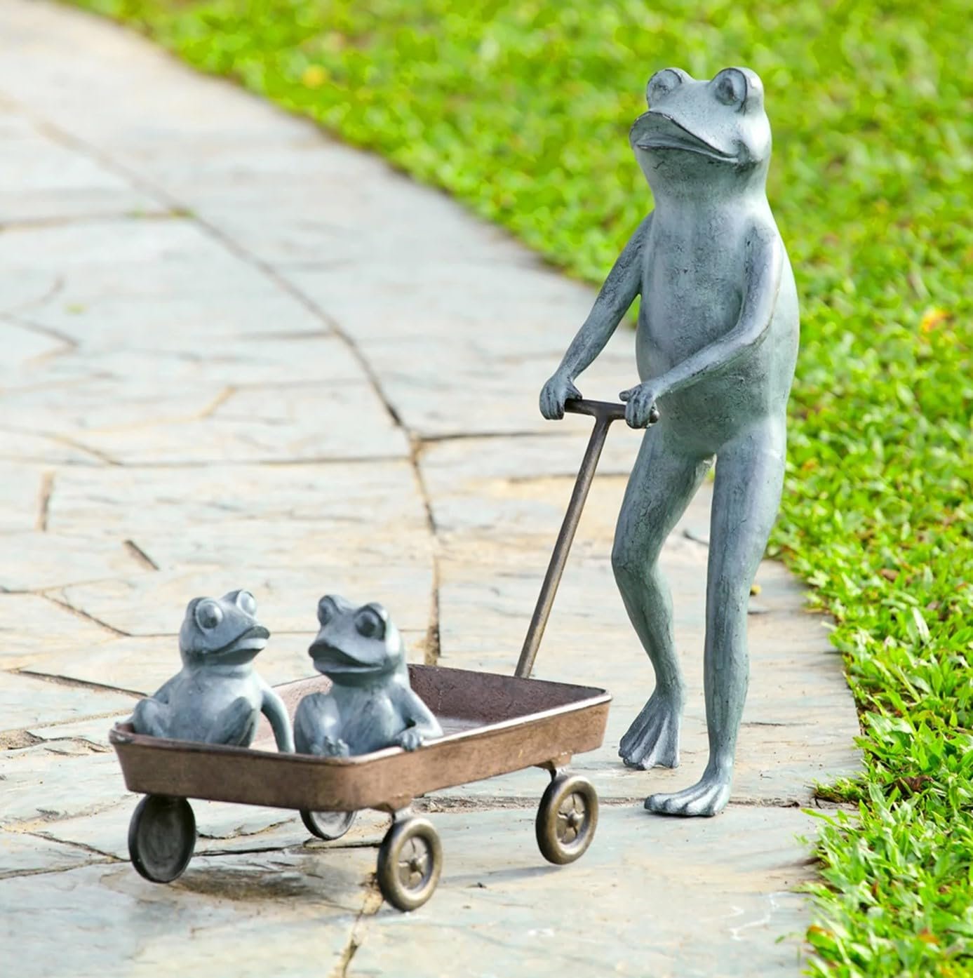 SPI Frog Family with Wagon Planter Aluminum Garden Sculpture Outdoor Décor