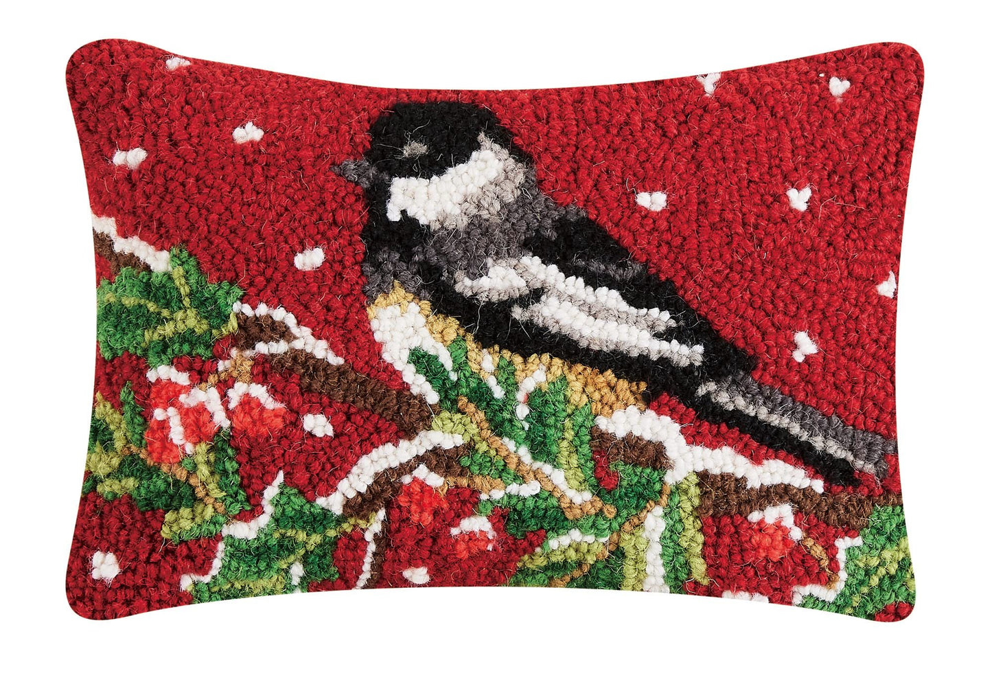 Peking Handicraft Chickadee On Branch Christmas Polyfill Hook Throw Pillow, 12-inch Length, Wool and Poly Velvet, Holiday Seasonal Decoration