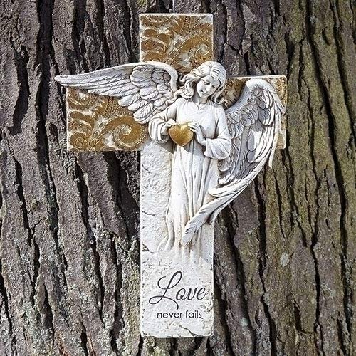 Roman Angel on Cross with Gold Heart Garden Statue,12-inch Height