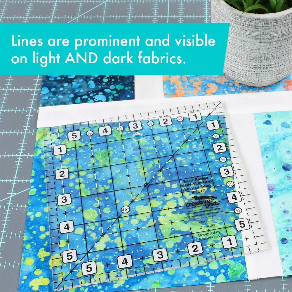 Creative Grids Basic Range 6in x 6in Square Quilt Ruler – CGRBR2 – Made in USA, Non-Slip Grip Acrylic Quilting, Sewing, Crafting, Patchwork Ruler for Measuring & Cutting Fabric
