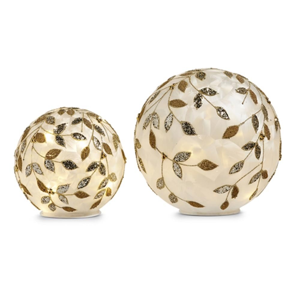 RAZ Imports Lighted Champagne Leaf Balls, 8-inch Height, Glass, Set of 2, Christmas, Home Décor