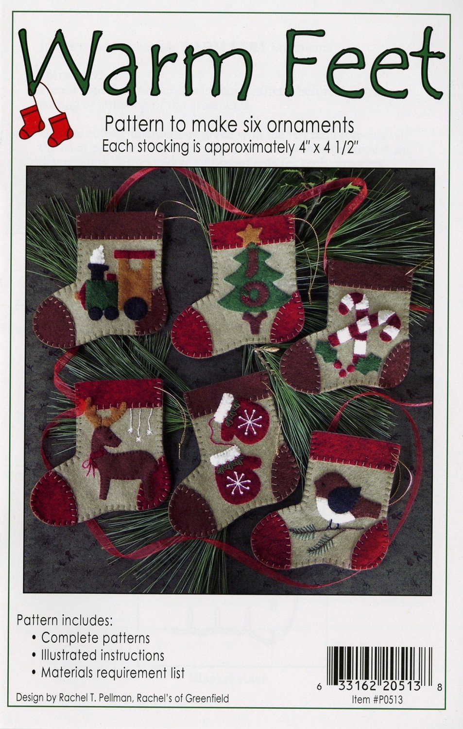 Warm Feet Christmas Ornament Felt Applique Pattern, Six (6) Ornament Designs
