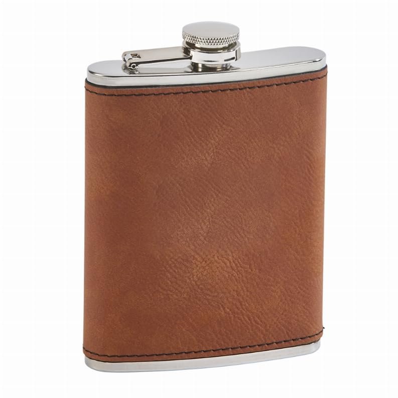 Creative Gifts International Caramel Leatherette Flask, Stainless Steel, 8oz Capacity, Attached Screw Top Closure