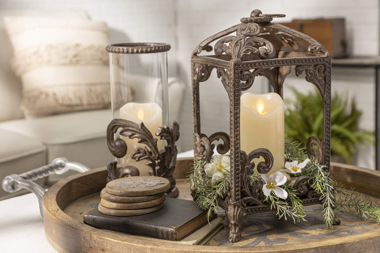 GG Med Metal Lantern Home Decor, 7.25InL x 7.25InW x 14.13InH, Brown