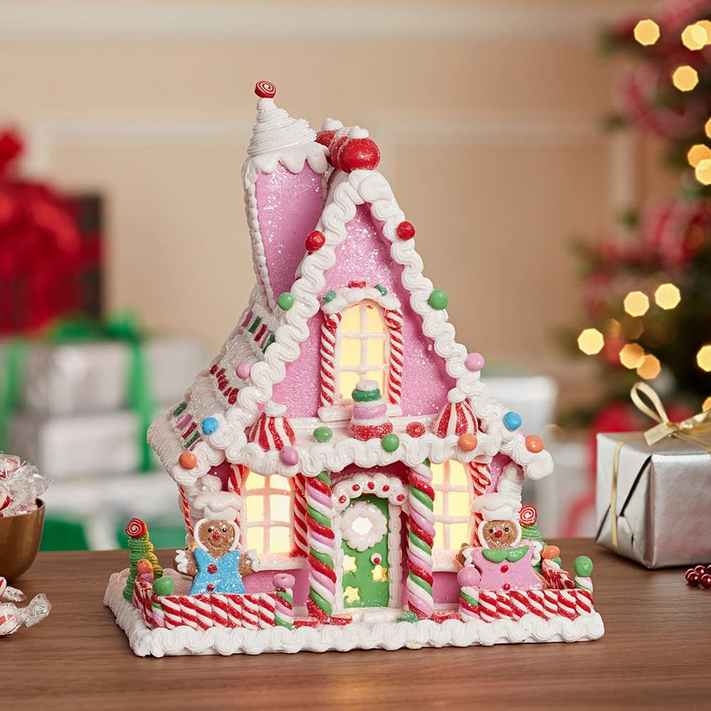 Kurt Adler 10-Inch Pink Battery-Operated Candy LED Gingerbread House Table Piece