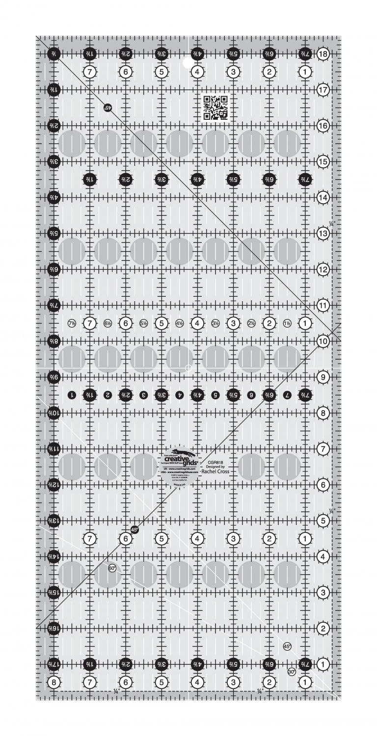 Creative Grids Quilt Ruler 8-1/2in x 18-1/2in Rectangle – CGR818 – Made in USA, Non-Slip Grip Acrylic Quilting, Sewing, Crafting, Patchwork Ruler for Measuring & Cutting Fabric