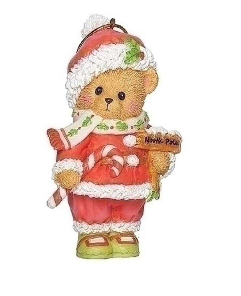 Roman Inc. Cherished Teddies 3.75" H Santa Bear Holding Candy Cane and North Pole Sign Ornament 135573