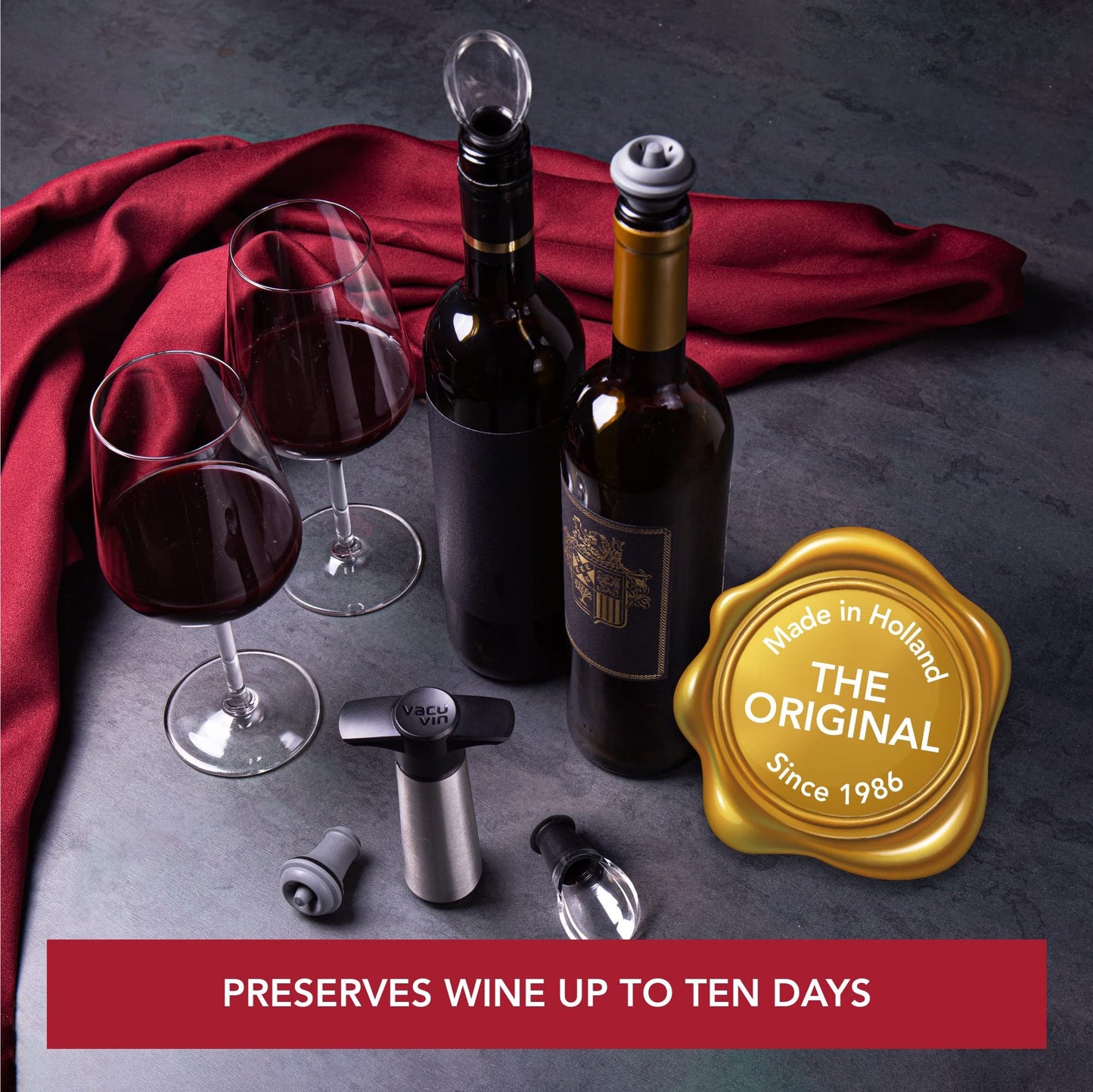 Vacu Vin Wine Saver Pump with Vacuum Stopper - Keeps Wine Fresh Up to 10 Days - Reusable - Made in Netherlands