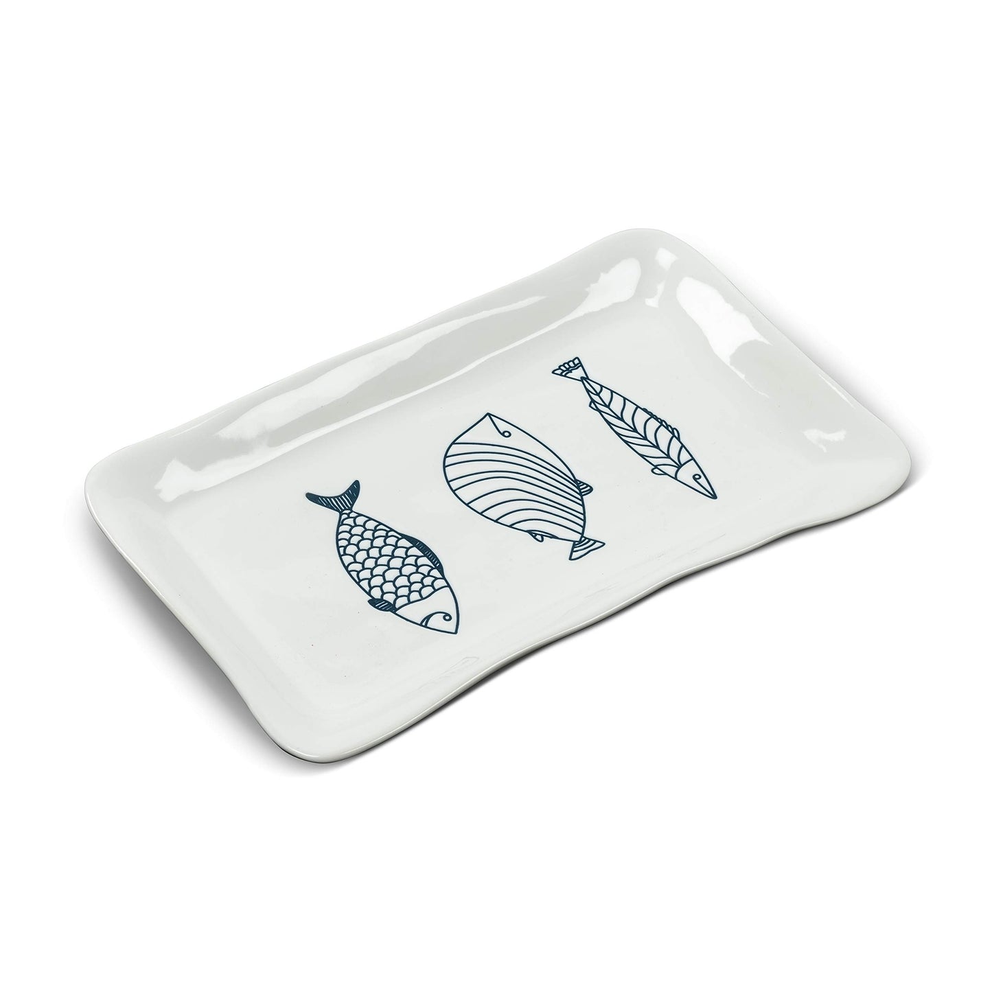 Abbott Collection 27-CORFU-690 Large Rectangle Fish Plate, 1 EA, White/Blue (12" L)