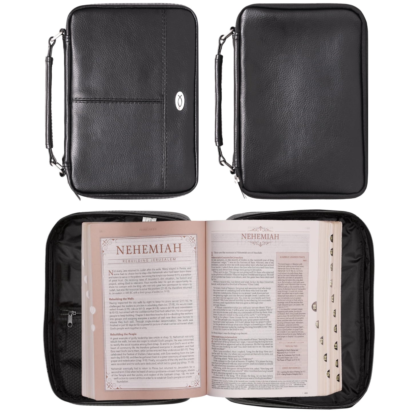 Christian Art Gifts Brown Faux Leather Bible Cover for Men and Women | Ichthus Jesus Fish Emblem Zippered Two-Fold Organizer Case for Bible or Book w/Handle Small Thinline