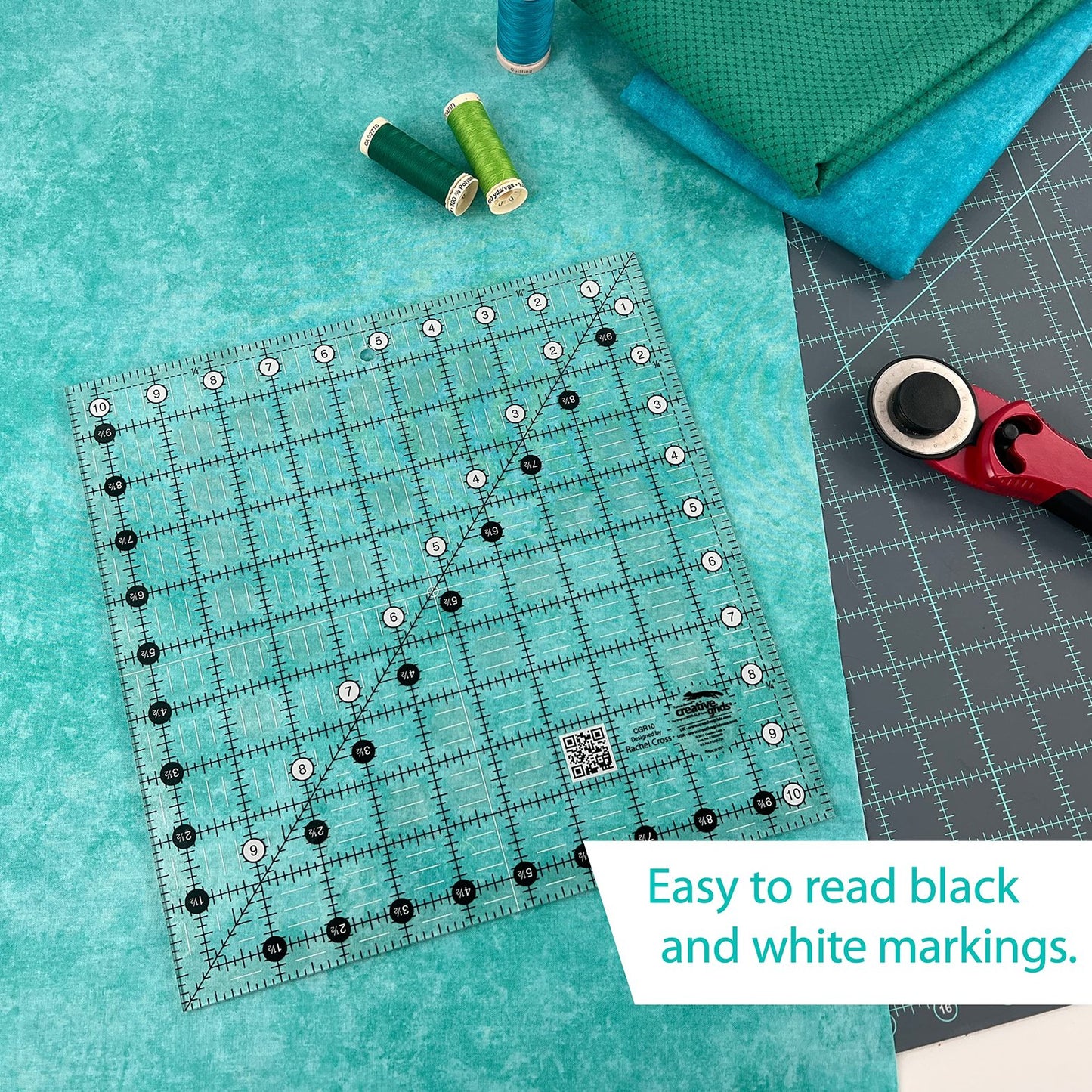 Creative Grids Quilt Ruler 10-1/2in x 10-1/2in Square – CGR10 – Made in USA, Non-Slip Grip Acrylic Quilting, Sewing, Crafting, Patchwork Ruler for Measuring & Cutting Fabric