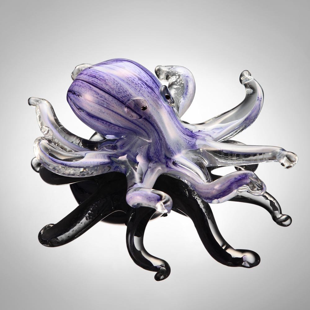 Art Glass Purple Pinstriped Octopus with Large Eyes and Swirling Arms