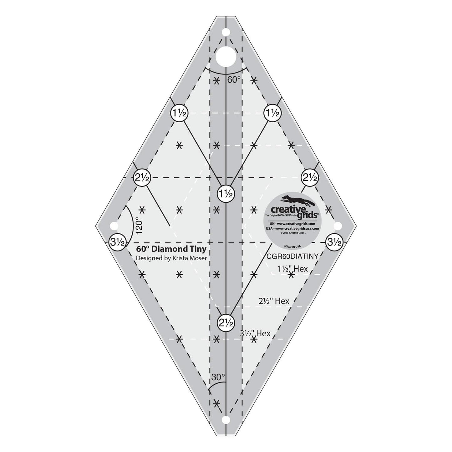 Creative Grids 60 Degree Tiny Diamond Ruler – CGR60DIATINY – Made in USA, Non-Slip Grip Acrylic Quilting, Sewing, Crafting, Patchwork Ruler & Template