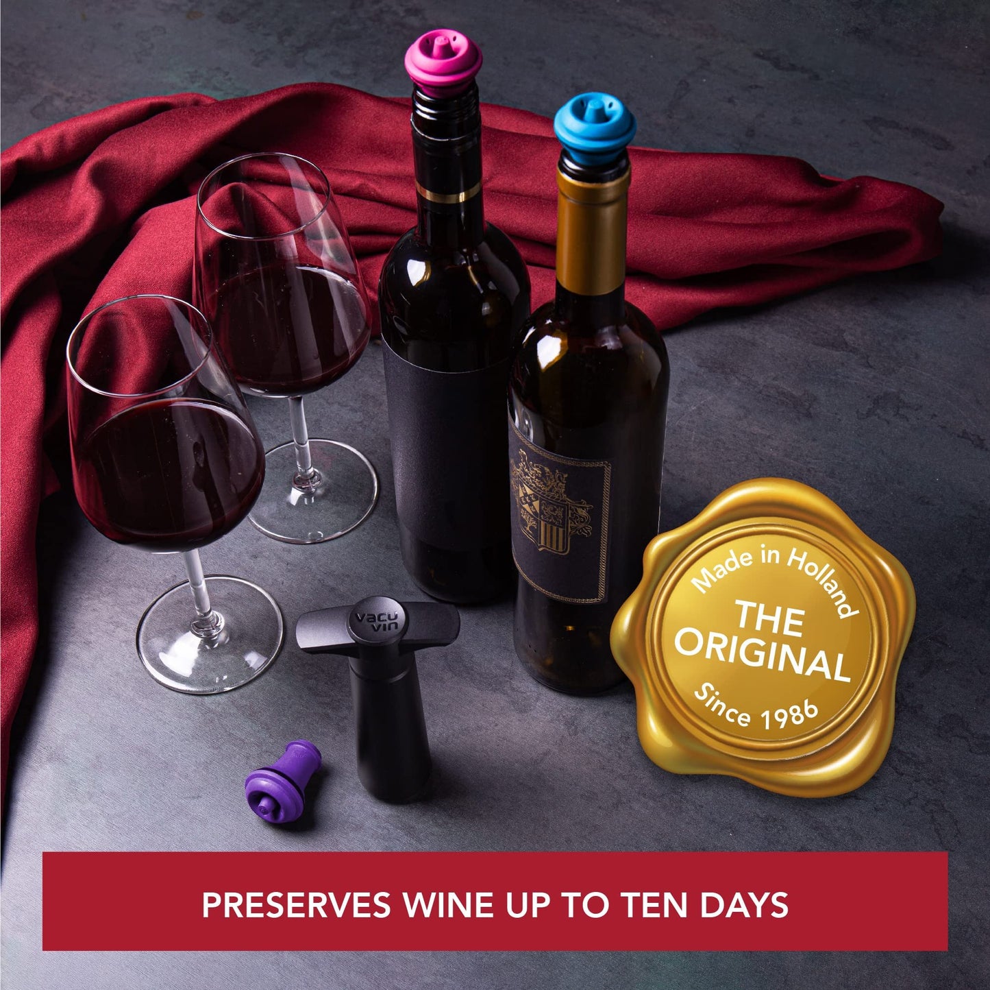 Vacu Vin Wine Saver Vacuum Stoppers - Airtight Seal for Opened Bottles to Preserve the Freshness Up to 10 Days - Easy to Use Perfect for Every Occasion, Set of 6 - Multicolor