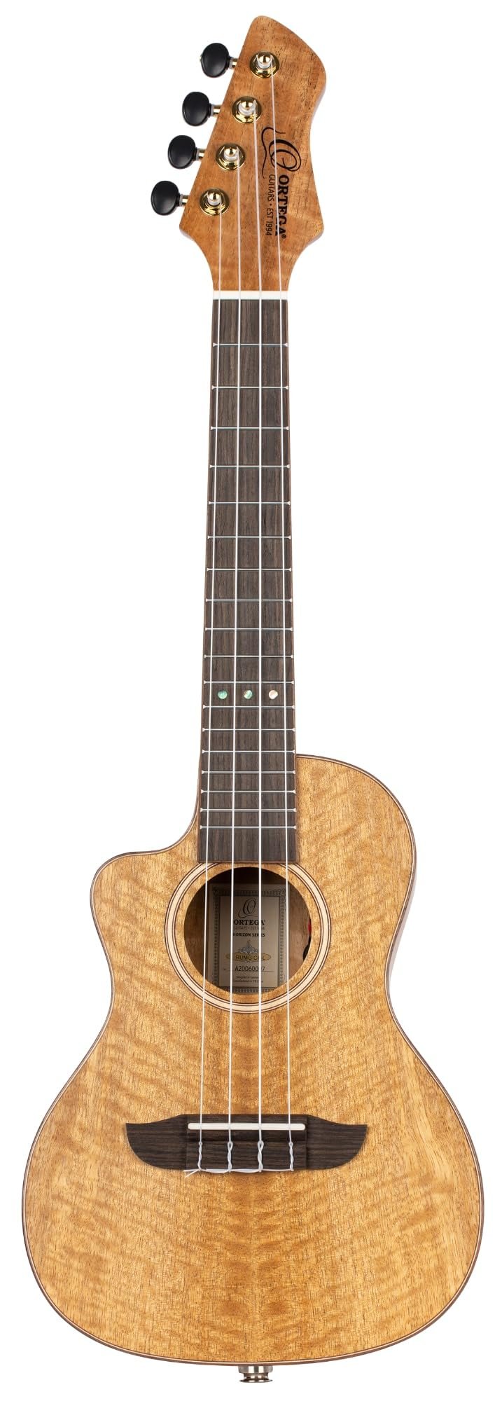 Ortega Guitars, 4-String Horizon Series Revese Headstock Left-Handed Concert Acoustic-Electric Ukulele w/Bag, Natural (RUMG-CE-L)