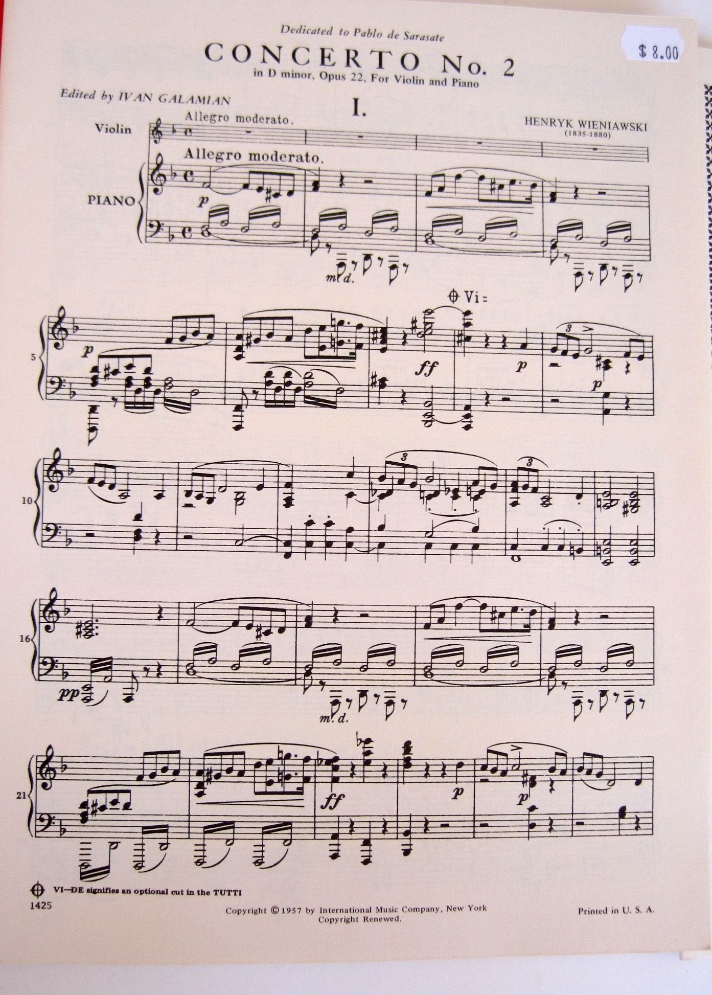 Concerto No. 2 in D Minor- Opus 22 for Violin and Piano (International Music Company, 1425)