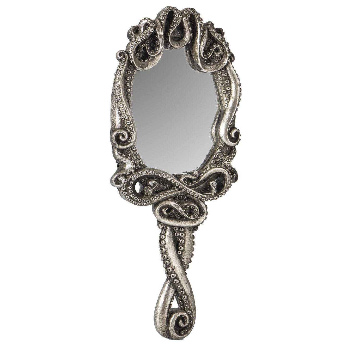 Pacific Trading Gothic Kraken Hand Held Mirror Home Accent Decor, Small Decorative Antique Sea Creature Inspired Silver Tone Mirrors with Handle, 14050