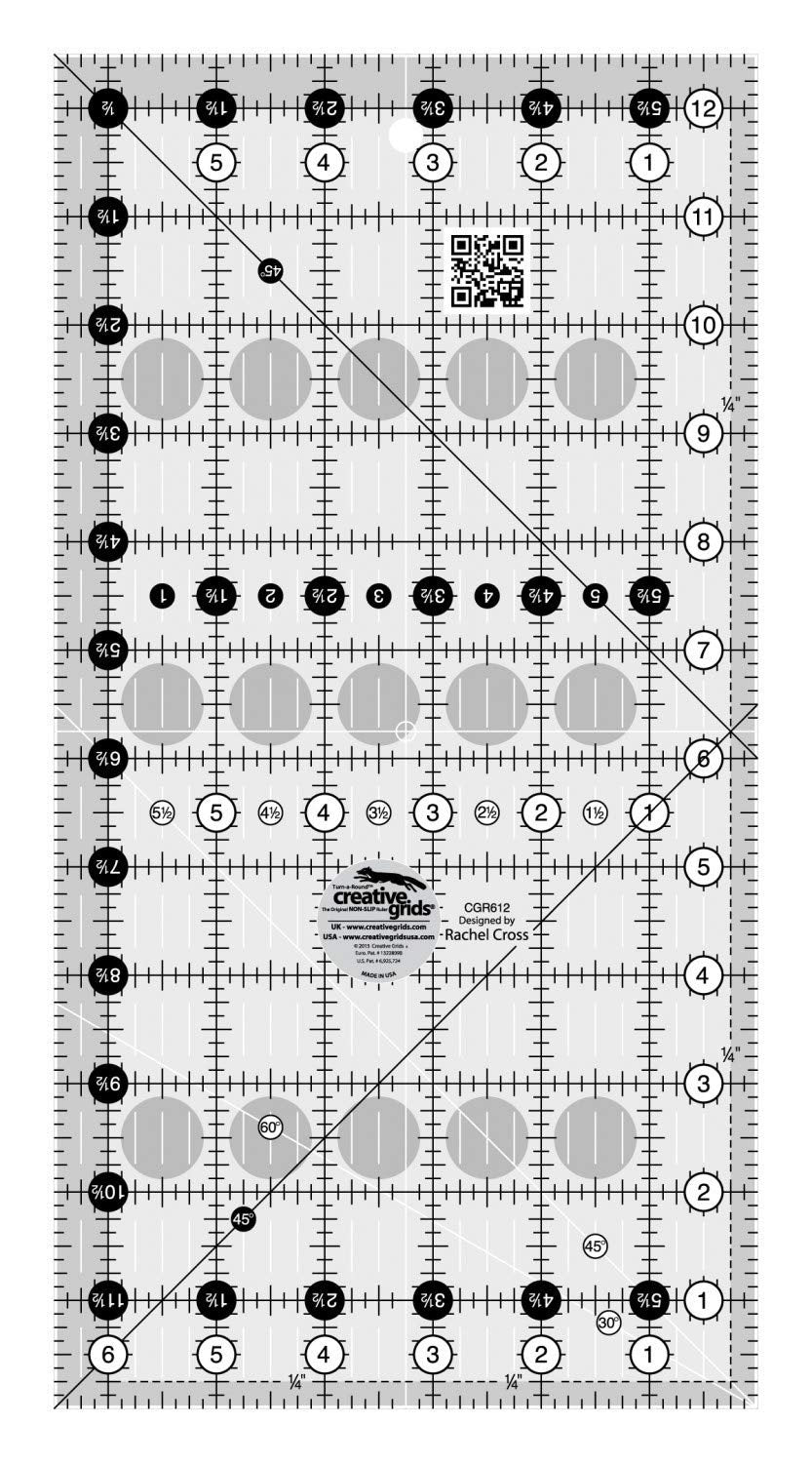 Creative Grids Quilt Ruler 6-1/2in x 12-1/2in Rectangle – CGR612 – Made in USA, Non-Slip Grip Acrylic Quilting, Sewing, Crafting, Patchwork Ruler for Measuring & Cutting Fabric