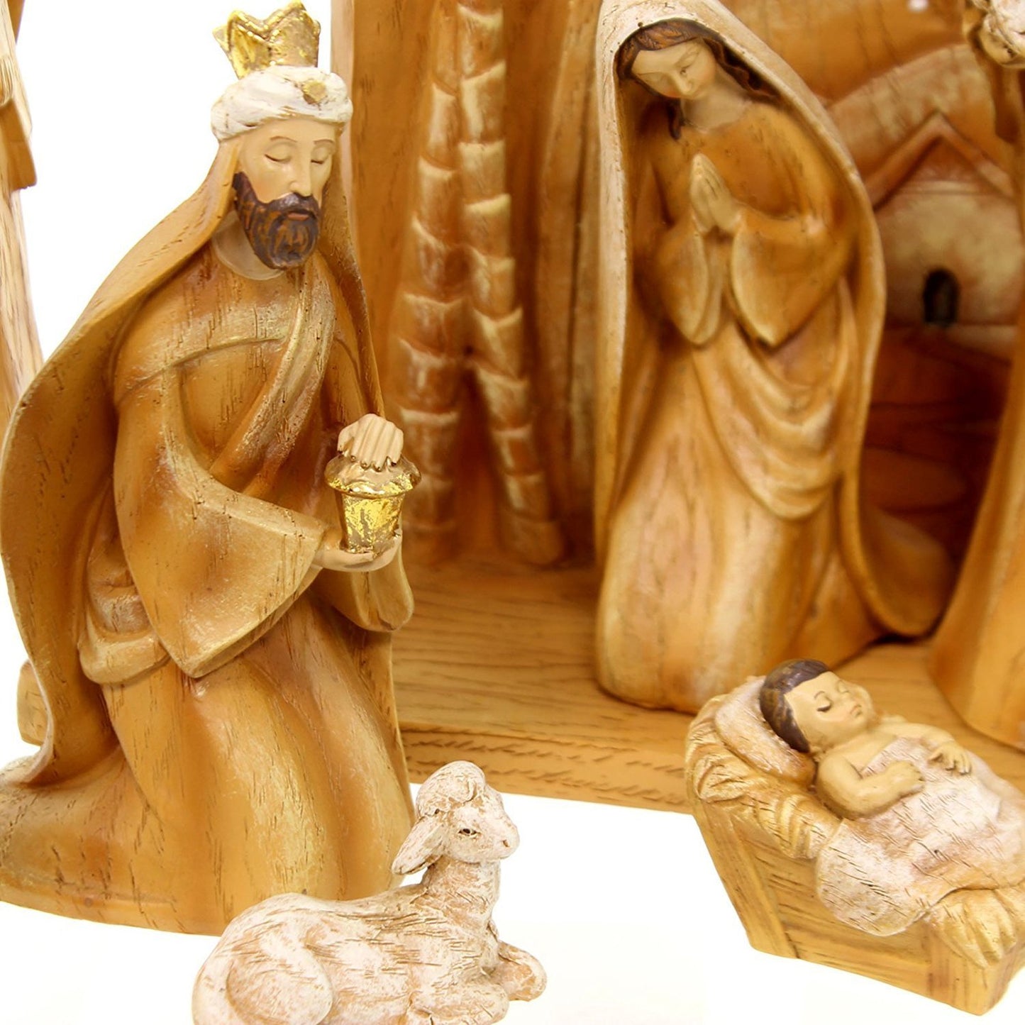 Roman 31378 9pc SET 12" Carved Nativity with Scene Back Drop, Faux Wood Grain