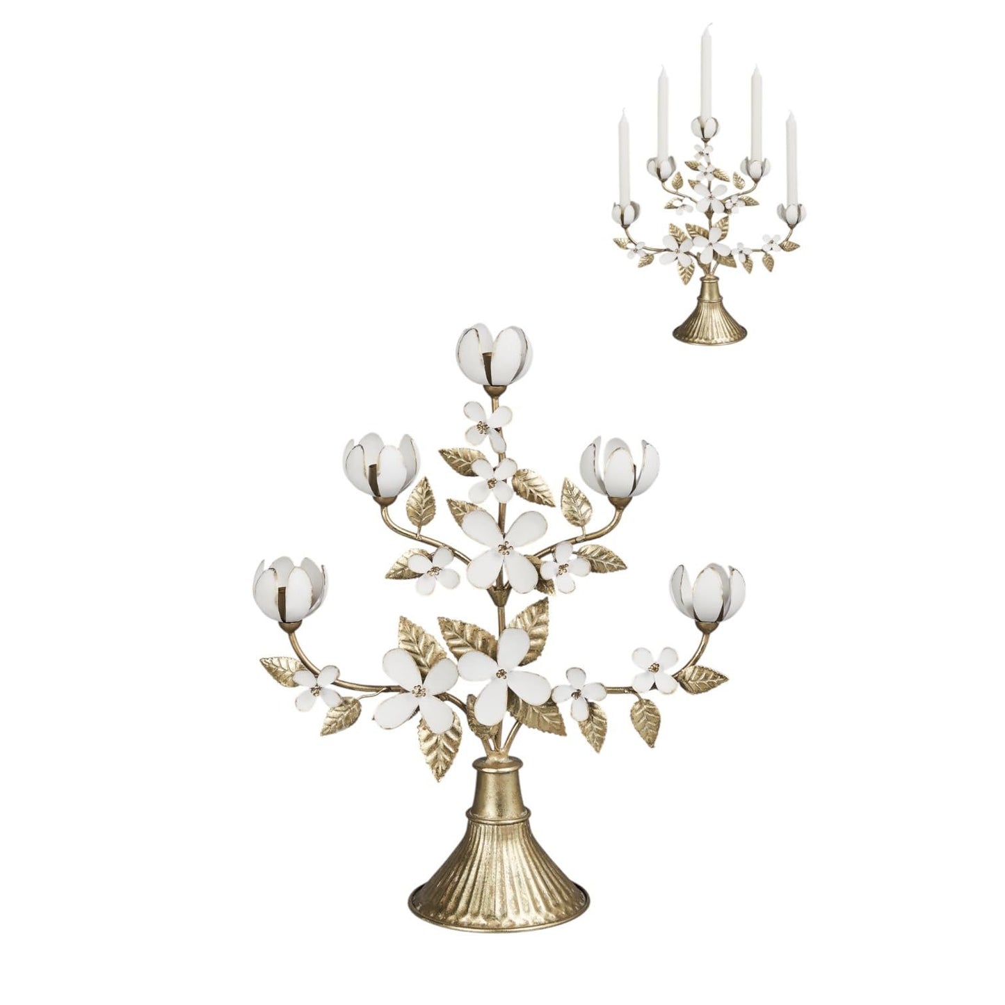 December Diamonds Gold and Cream Metal Flower Candelabra – Elegant 5-Arm Candle Holder Centerpiece