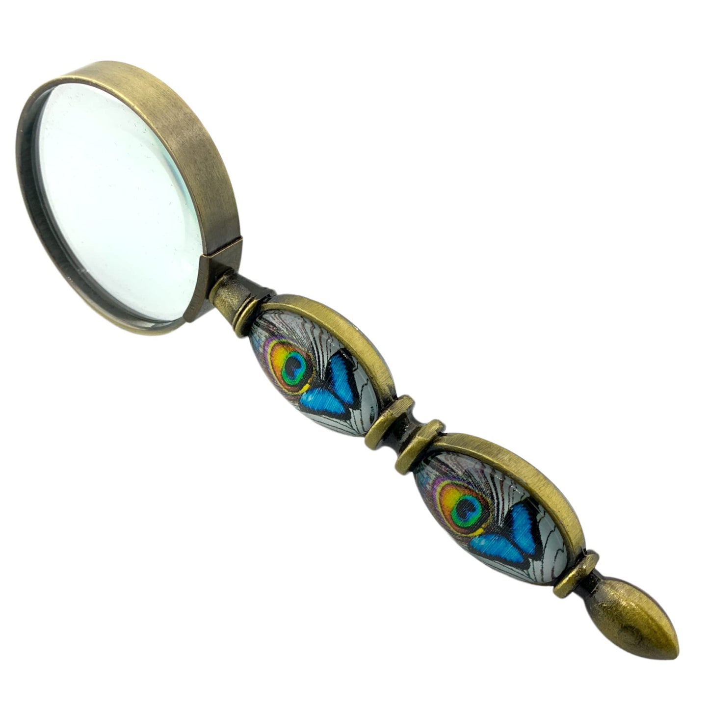 Value Arts Blue Butterfly and Peacock Feather Magnifying Glass, Brass and Glass, 6 Inches Long