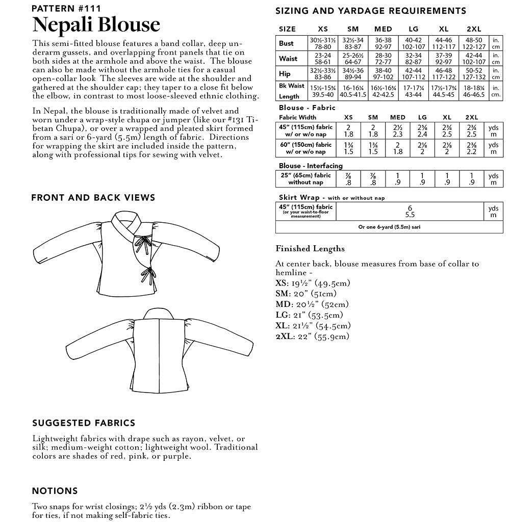 Folkwear Nepali Blouse #111 Ladies Wrap Shirt Nepal Sewing Pattern folkwear111Q