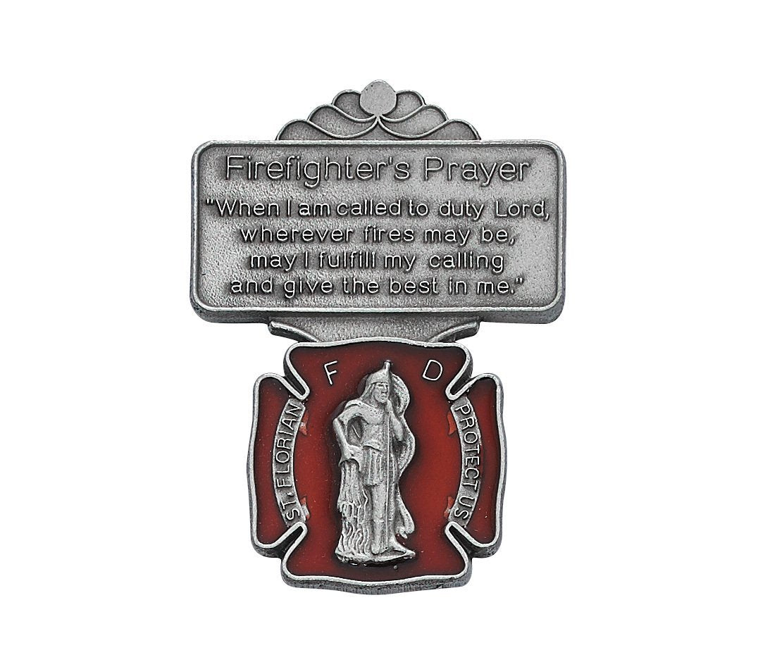 Silver Tone and Red Enamel Saint Florian Visor Clip with Firefighter’s Prayer