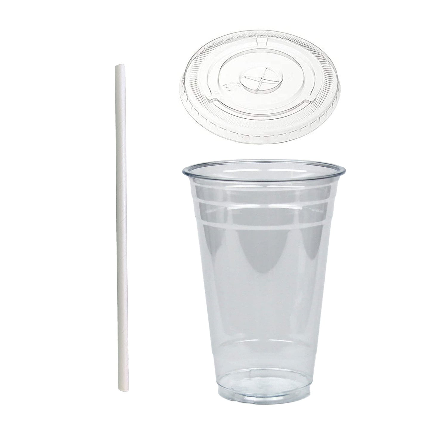 DHG PROFESSIONAL Disposable 20 oz Plastic Crystal Clear Cups with Flat Lids and Paper Straws - For Summary Beverage, Party, to-go