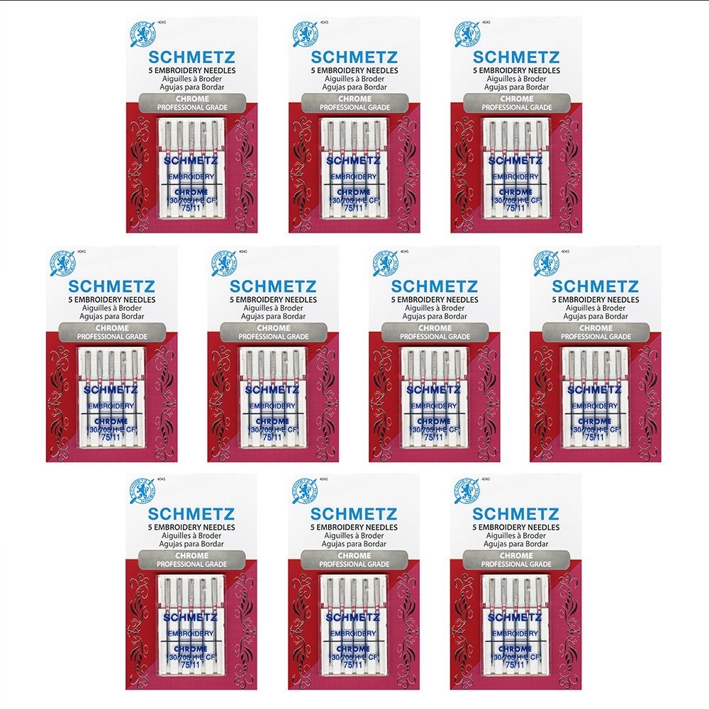 50 Schmetz Chrome Embroidery Sewing Machine Needles - Size 75/11 - Box of 10 Cards