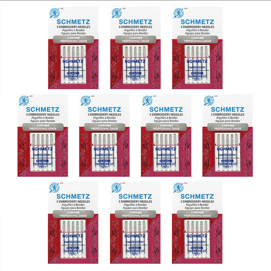 50 Schmetz Chrome Embroidery Sewing Machine Needles - Size 75/11 - Box of 10 Cards