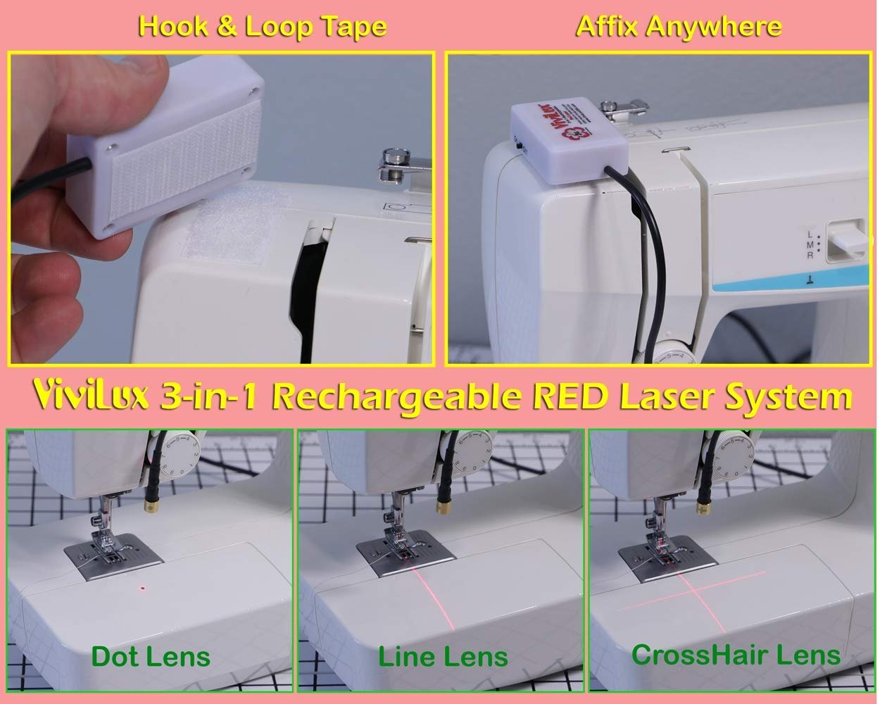 ViviLux 3-in-1 Rechargeable RED Laser System with Adjustable Line, Crosshairs and Dot Illumination Heads; Innovative Sewing and Quilting Notion for Precise Stitching; Mounts with MAGNET.