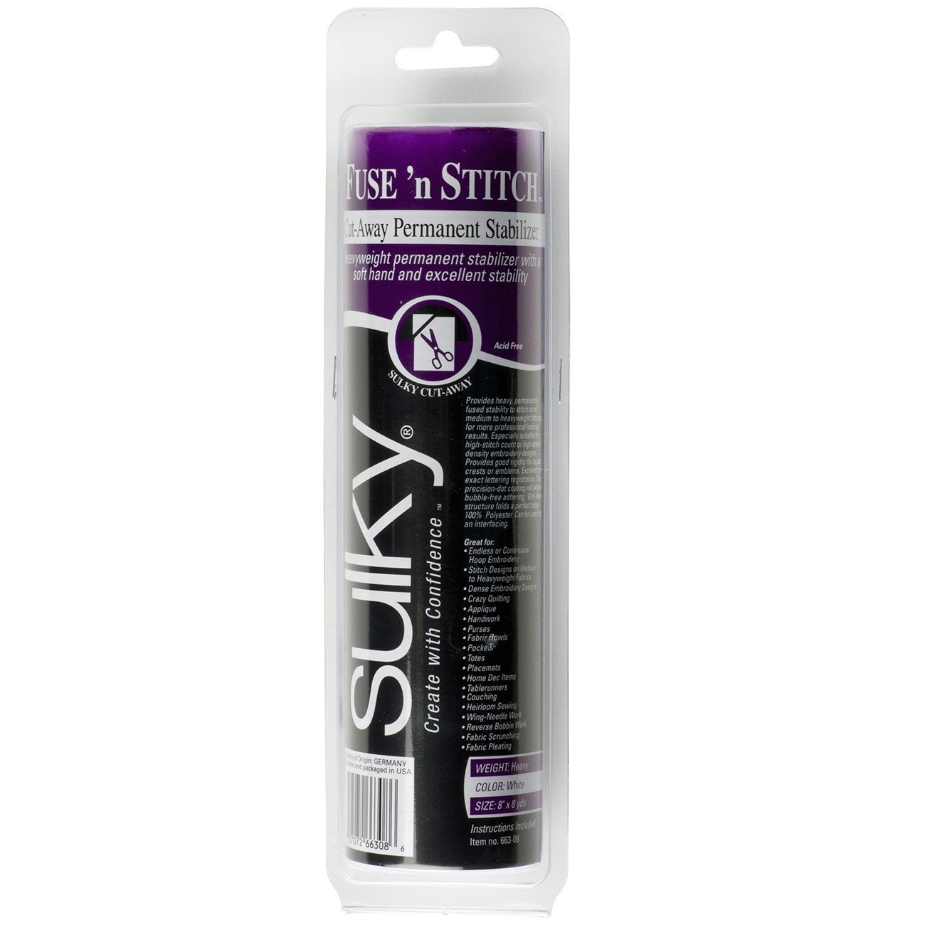 Sulky Of America Cut Away Fuse N Stitch Stabilizer, 8" by 8 yd, White