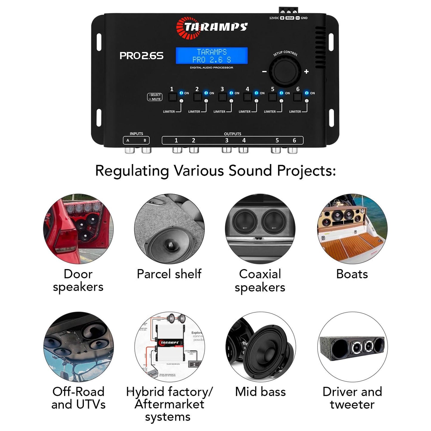 Taramp's Pro 2.6S Digital Signal Processor Equalizer 3-band Graphic Equalization 6 Channels 18K Ohms(RCA) Output Impedance 47 Ohms Limiter Adjustable Car Audio System