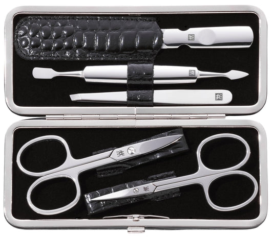ZWILLING Beauty TWINOX Manicure and Pedicure Crocodile Pattern Cowhide Leather Case with Zip Closure, Nail Care Kit, 6-Piece, Premium Travel Nail Kit, Matte, Black
