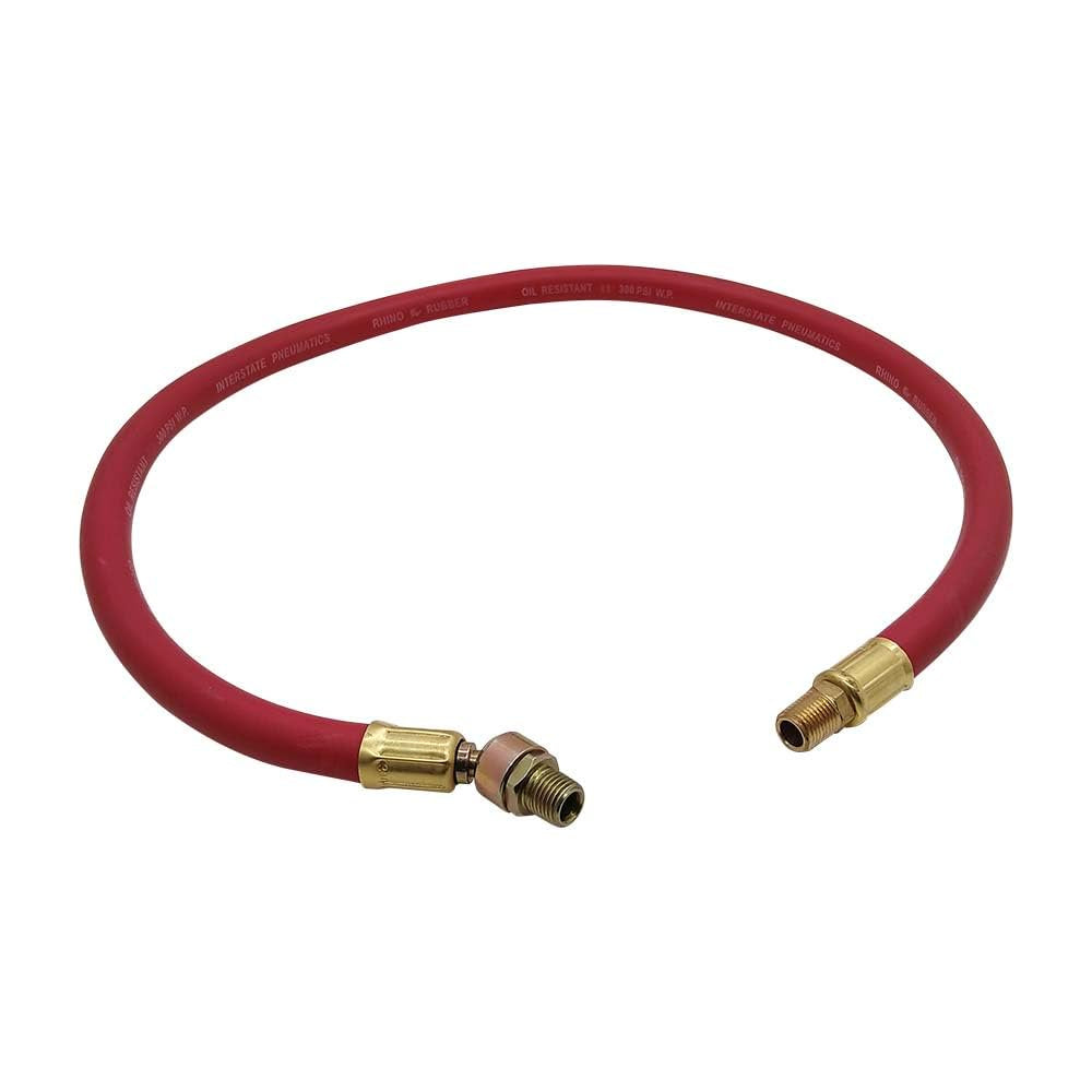 Red Rubber Air Hose Whip 3' Long 1/4" I.D. with 1/4" Male Ball Swivel